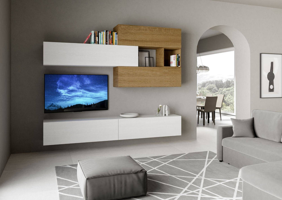 Parete attrezzata A116 L.268 P.39,2 installata in soggiorno moderno, con moduli sospesi bianchi e rovere per un design elegante e funzionale.