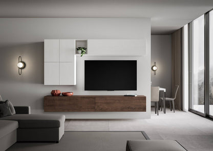 Parete attrezzata Isoka A16 L.268 P.39,2 installata in soggiorno moderno, perfetta per organizzare TV, libri e oggetti decorativi con eleganza.