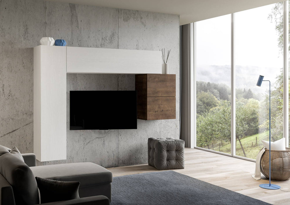 Parete attrezzata A25 installata in soggiorno moderno con vista panoramica, ideale per arredare con stile e ottimizzare lo spazio.