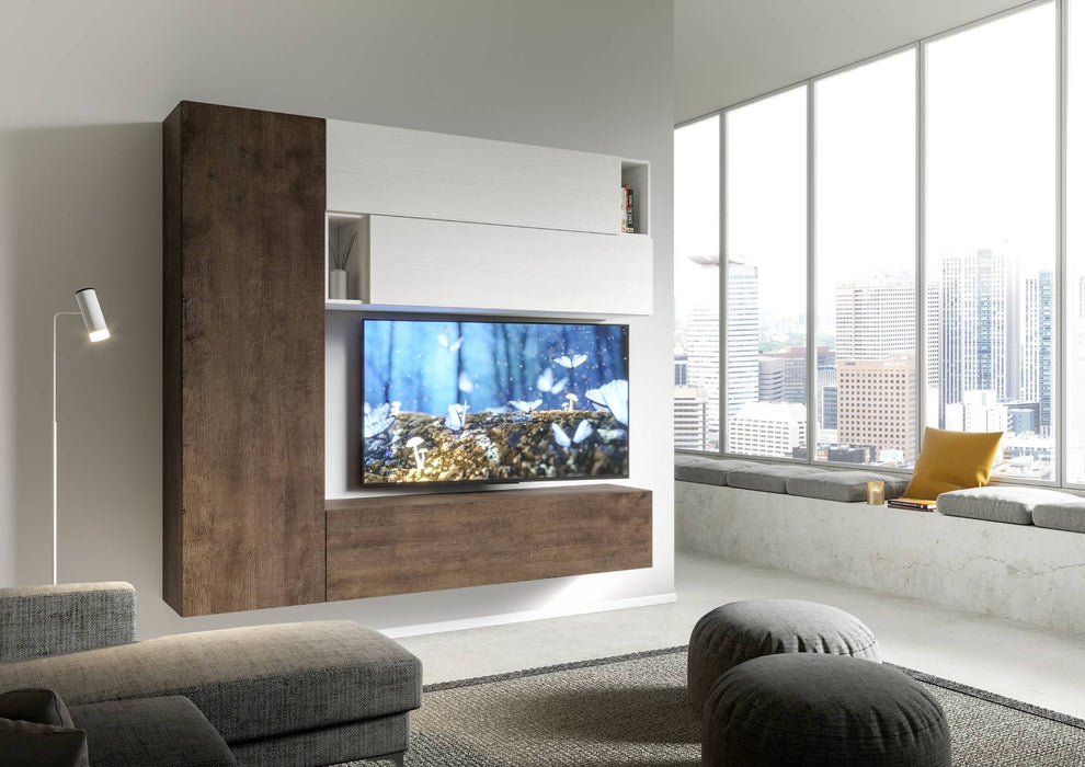 Parete attrezzata A34 L.234 H.210 installata in soggiorno moderno con TV integrata, ideale per ambienti eleganti e soluzioni salvaspazio.