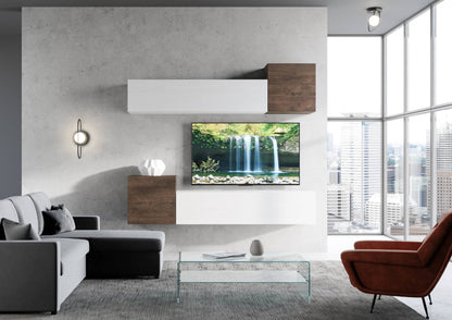 Composizione parete soggiorno A37 L.234 P.39,2 installata in salotto moderno con TV, design elegante e funzionale in bianco e rovere.