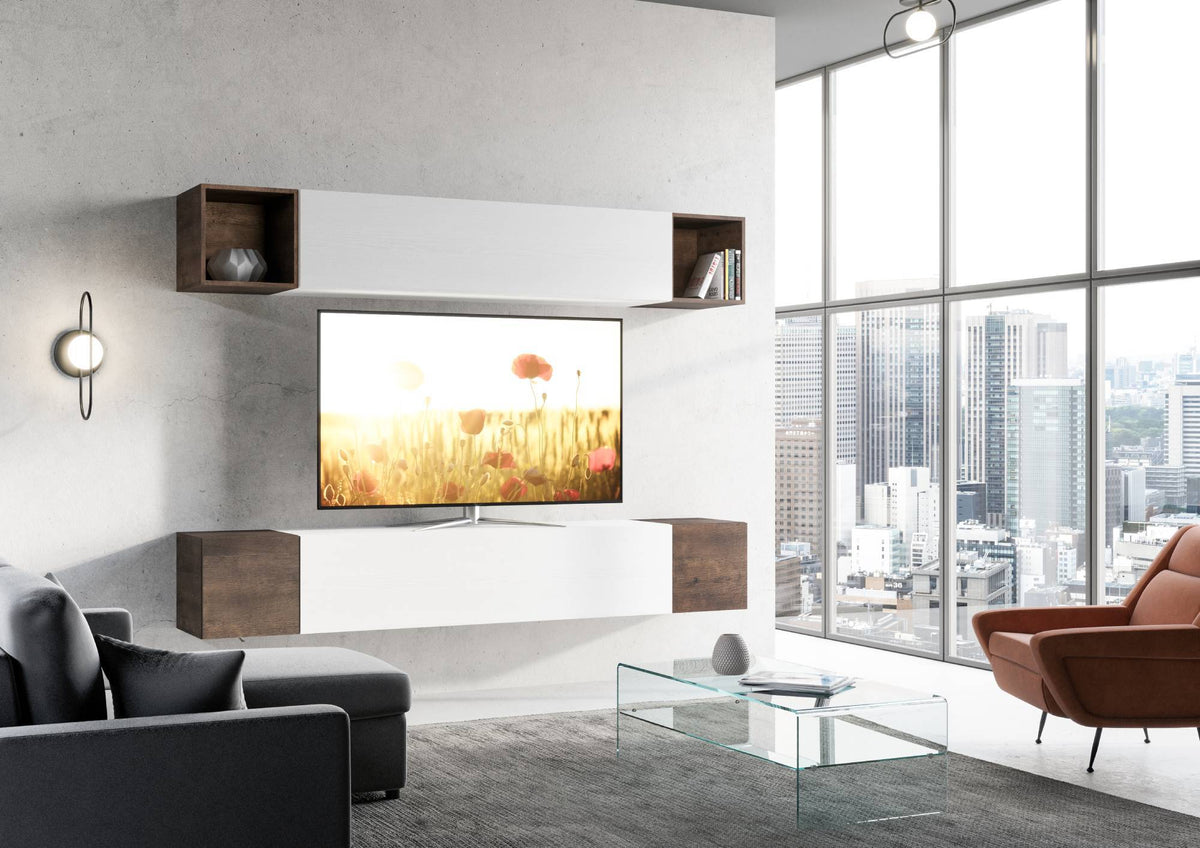 Composizione parete soggiorno A38 L.254 P.39,2 installata in salotto moderno con TV, design elegante e funzionale per ambienti contemporanei.