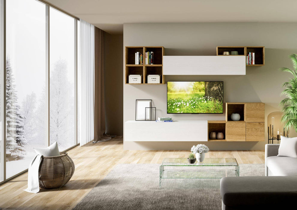 Parete attrezzata Composizione soggiorno A45 L.294 P.39,2 montata in salotto moderno, con vani a giorno e pensili per un ambiente ordinato e accogliente.