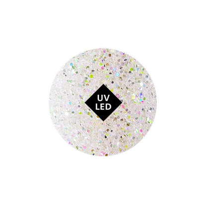 Confetti glitterato bianco con etichetta UV LED, decorativo per applicazioni di gel UV colorato per unghie, effetto luminoso e brillante.