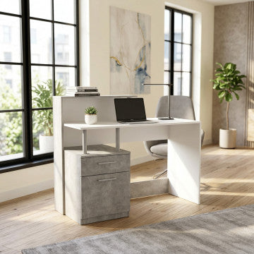 Scrivania in truciolare bilaminato bianco e grigio effetto cemento