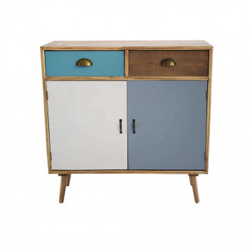 Mobiletto in MDF e legno di pino con 2 ante e 2 cassetti colorati