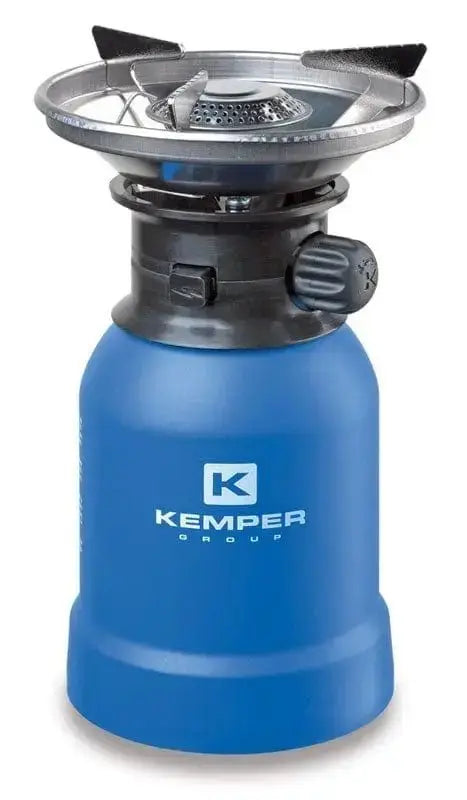 Fornello c/piattello inox c/piezo portatile Kemper con base blu, accensione piezoelettrica e piattello antivento in acciaio inox per uso outdoor.