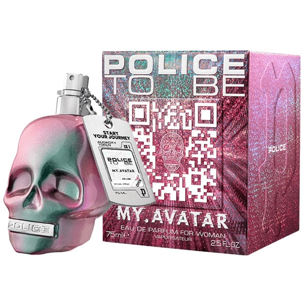 Scatola di profumo Police To Be My Avatar per donna, design glitter rosa e QR code, con bottiglia a forma di skull colorata e etichetta dettagliata