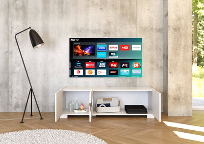 Interno mobile TV Riflesso bianco lucido con spazio per dispositivi e accessori. Soluzione pratica per l'intrattenimento domestico.