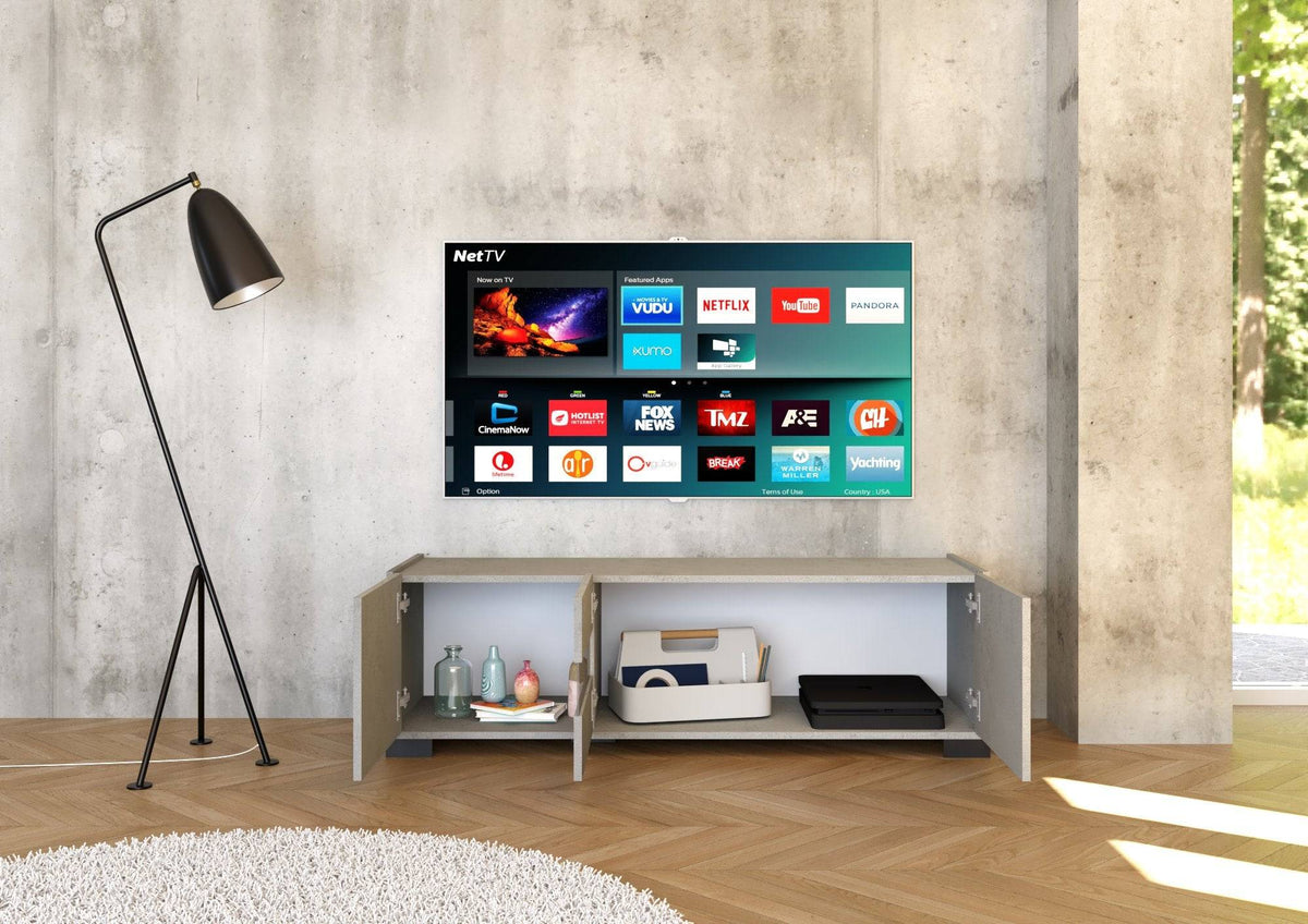 Interno mobile TV Riflesso cashmere con spazio per dispositivi e accessori. Soluzione pratica per l'intrattenimento.