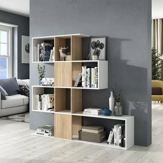 Libreria Zig Zag rovere e bianco con 11 scomparti, perfetta per arredare soggiorni moderni con stile e praticità.