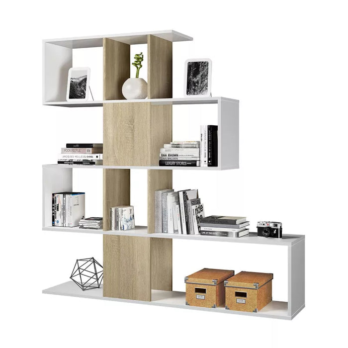 Libreria a Zig Zag Rovere e Bianco con 11 Scomparti e 4 Livelli