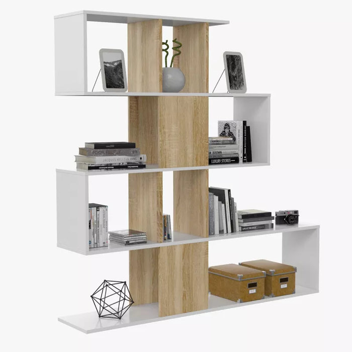 Libreria a Zig Zag Rovere e Bianco con 11 Scomparti e 4 Livelli