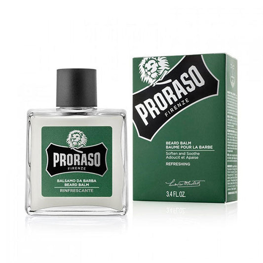 Balsamo da barba Proraso in bottiglia quadrata trasparente con etichetta verde, confezione in scatola verde con logo e dettagli del prodotto