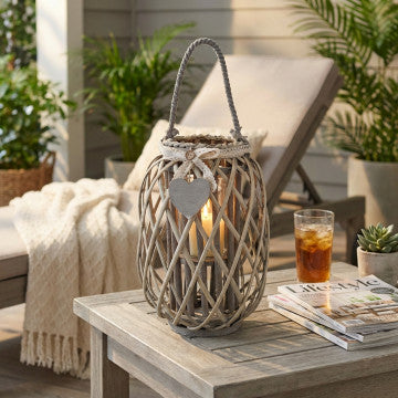 Lanterna in vimini grigio e vetro con nastro pizzo, 3 misure disponibili