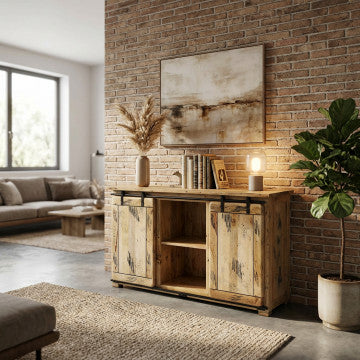 Mobile in legno di mango con 2 ante scorrevoli, 2 ripiani e 2 cassetti