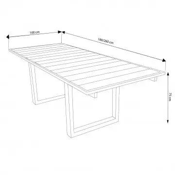 Disegno tecnico del Tavolo Parker 180/260 X 100 in teak marrone con misure dettagliate per una visione precisa delle dimensioni.