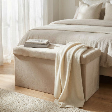 Pouf contenitore rettangolare in velluto beige 76x38x38 cm