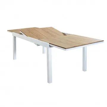 Table Extensible Cayman 160/240 X 95 en Aluminium Blanc/Taupe avec Plateau Polywood Teck