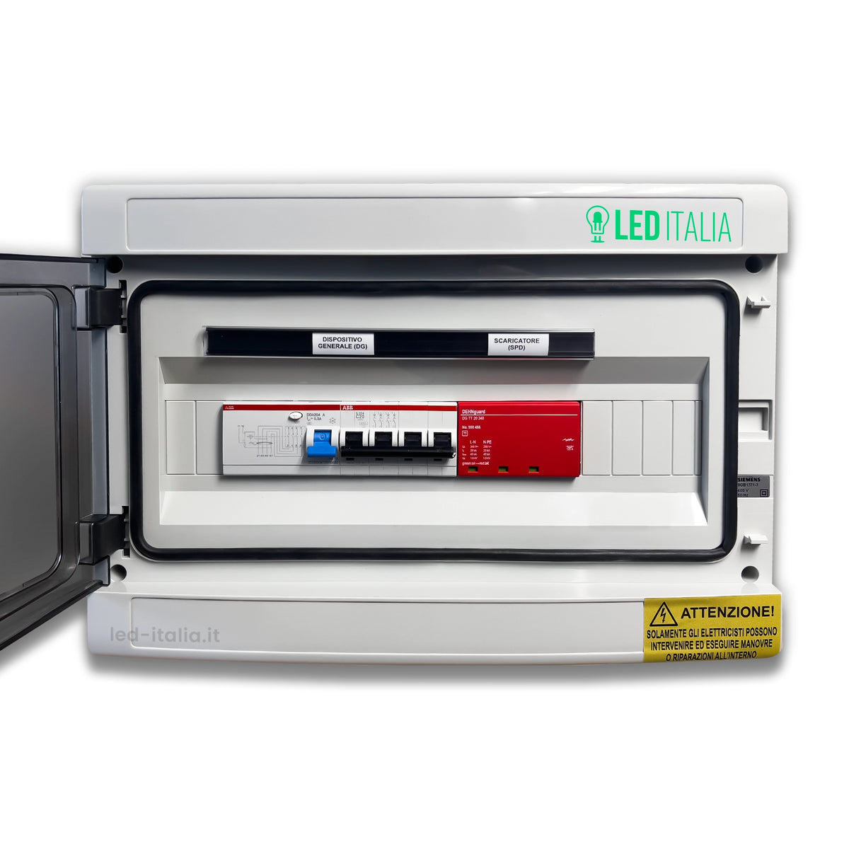 Quadro elettrico con pannello frontale bianco e logo LED Italia verde, per distribuzione energia industriale, con moduli e cavi visibili