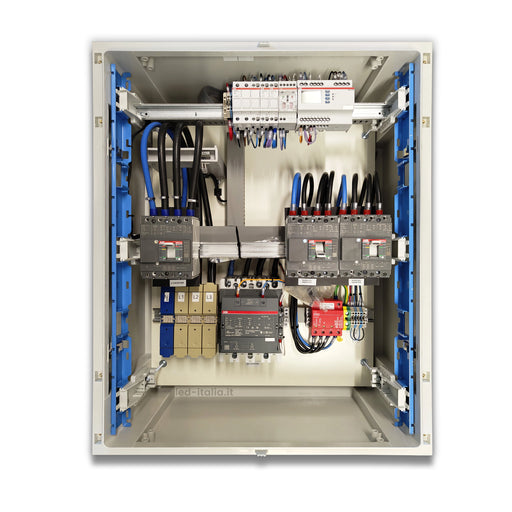Interno Quadro AC Trifase 100kW Doppio Inverter 160A IP66 V-TAC con componenti elettrici e cablaggi per distribuzione trifase ad alta potenza.