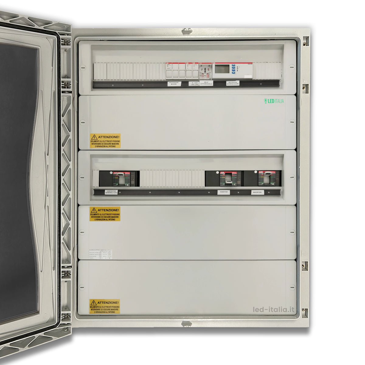 Quadro AC Trifase 100kW Doppio Inverter 160A IP66 V-TAC chiuso con sportello trasparente, ideale per impianti elettrici industriali esterni.