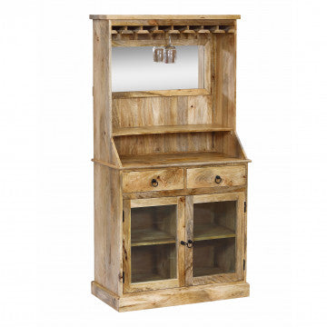 Mobile in legno di mango con 2 ante, 2 cassetti e porta bottiglie