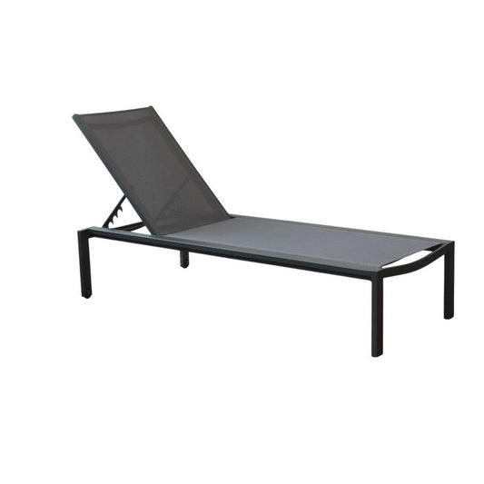 Lettino da giardino impilabile in alluminio con struttura nera e tessuto textilene grigio, regolabile in posizione di relax, dimensioni 200x75x39 cm.