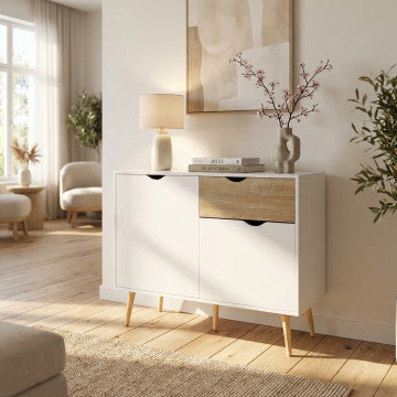 Mobile con 1 anta e 2 cassetti in legno bianco e naturale 99x39x82 cm