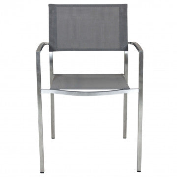 Vista frontale della Poltrona Florida, sedia da giardino in acciaio inox e textilene grigio, comoda e moderna per spazi outdoor.