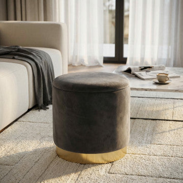 Pouf contenitore rotondo in velluto grigio scuro Ø 37 cm altezza 40 cm
