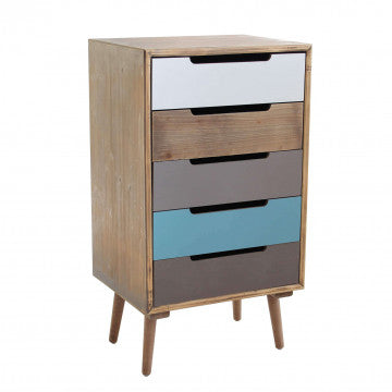 Cassettiera con struttura MDF, gambe pino, 5 cassetti colorati