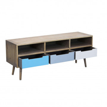 Porta TV MDF con gambe legno pino, 3 ripiani 3 cassetti, 120x35,5x29,5 cm