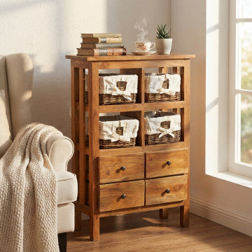 Mobiletto in rattan e legno riciclato con struttura robusta, peso 17 kg