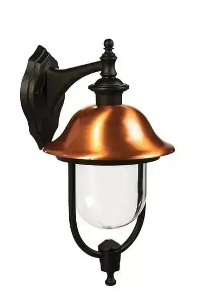 Applique Calliope ne/rame basso E27 per illuminazione da giardino, lampada da esterno in stile classico con finitura rame e attacco E27 IP44.
