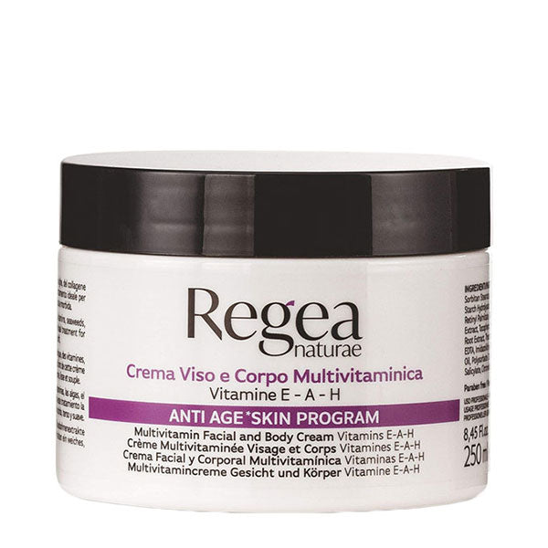 Crema viso e corpo multivitaminica anti-age in barattolo bianco con tappo nero, indicata per elasticità e idratazione, con vitamine E-A-H, 250 ml