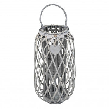 Lanterna in vimini grigio e vetro con decoro a cuore, altezza 76 cm