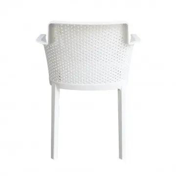 Retro della poltrona Cathy bianca con schienale traforato. Design elegante e funzionale per arredamento moderno.