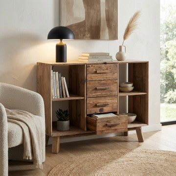 Credenza con 4 cassetti e 4 ripiani in legno di pino riciclato