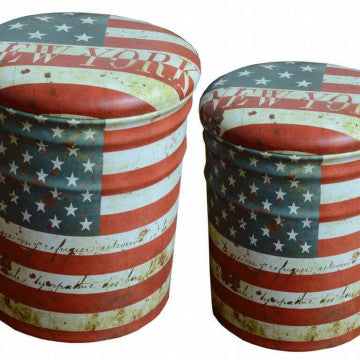 Set 2 pouf contenitore tondo struttura MDF metallo rivestimento PVC coperchio imbottito
