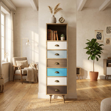 Mobiletto con struttura MDF, gambe pino, top naturale, 1 ripiano e 6 cassetti