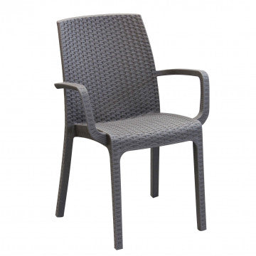 Poltrona Indiana grigia in wicker con struttura plastica stampata, ideale per esterni. Dimensioni 57 x 59 x 86 cm, elegante e robusta.