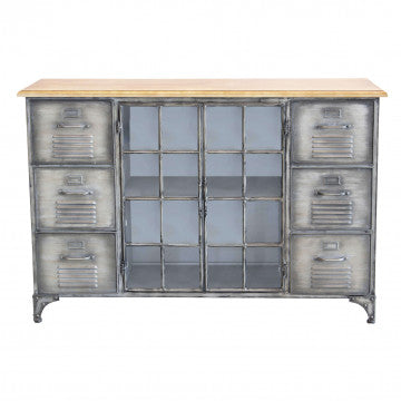 Mobile in ferro e legno con 2 ante e 6 cassetti, 124,5 x 40,5 x 83 cm