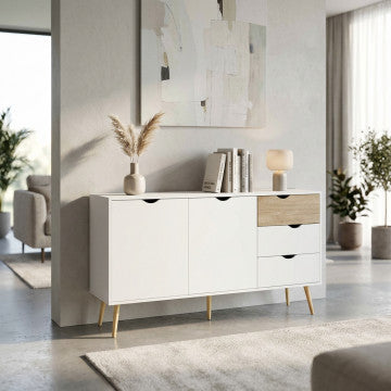 Mobile in legno bianco e naturale con 2 ante e 3 cassetti
