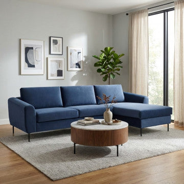 Divano con chaise longue in tessuto blu, gambe in metallo