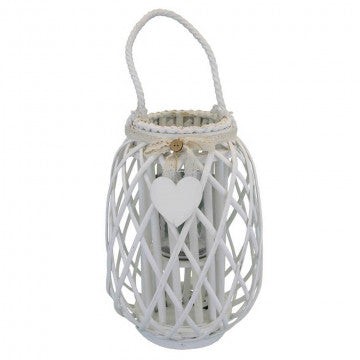 Lanterna in vimini bianco e vetro con decoro a cuore - Tre misure