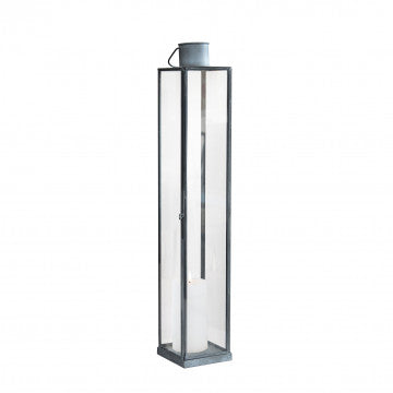 Lanterna in metallo e vetro grigio, altezza 57 cm, base quadrata 10x10