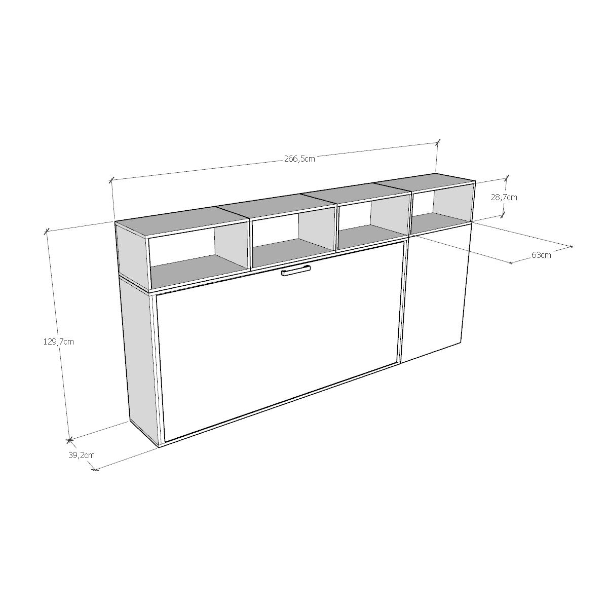 Disegno tecnico del letto a scomparsa Kando con misure dettagliate, utile per la progettazione di spazi personalizzati.