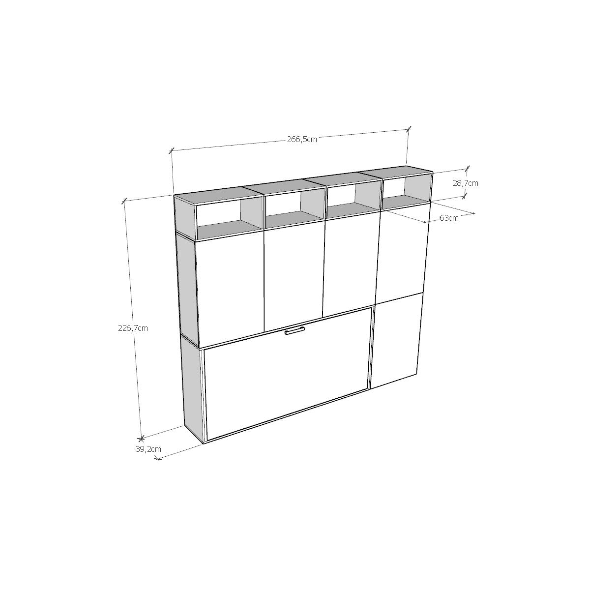 Disegno tecnico della composizione alta Kando con misure dettagliate, utile per progettare soluzioni salvaspazio personalizzate.