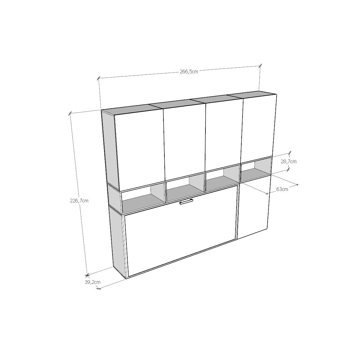 Disegno tecnico della composizione Kando con misure dettagliate, utile per progettare soluzioni d’arredo salvaspazio personalizzate.